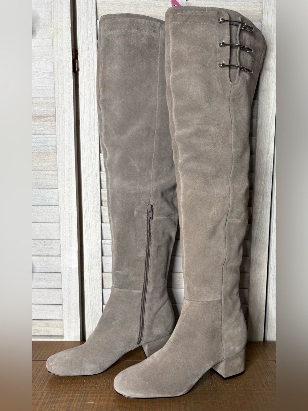 Katy Perry "The Indigro" Over the Knee Suede Boots Gray Size 8.5 Safety Pin